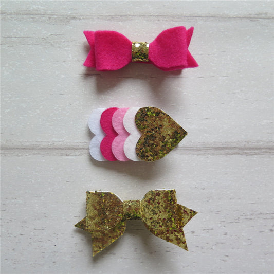 Felt Bow & Heart Clips Set of 3 - Gold & Shk Pink Mix