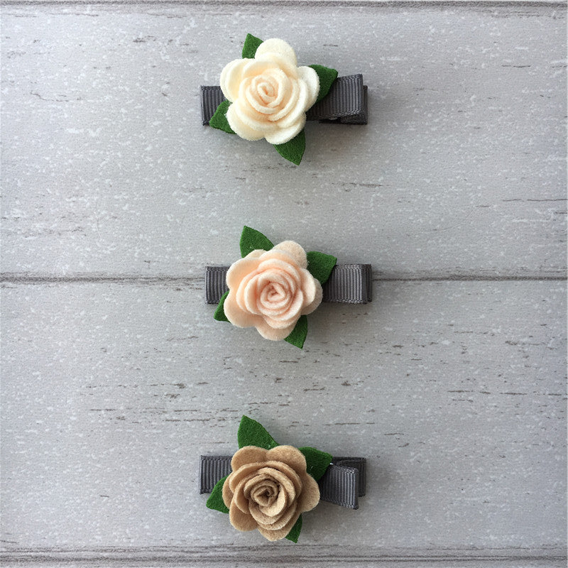 Felt Rose Clip Set of 3 - Ivory Mix